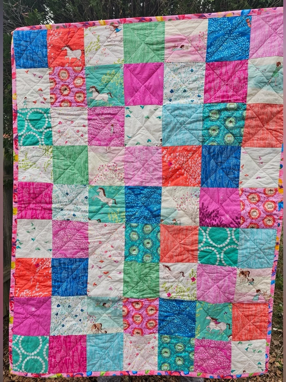 Handmade Patchwork Quilt: Sarah Jane 'We Wander' Fabric, Horses Blanket Crib